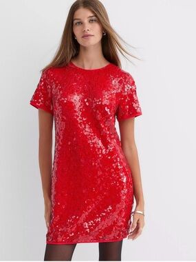 LOFT Red Sequin Short Sleeve Shift Dress